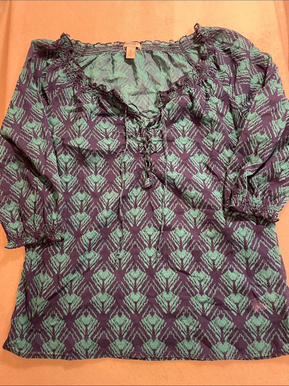 Old Navy Teal and Navy Patterned Peasant Blouse